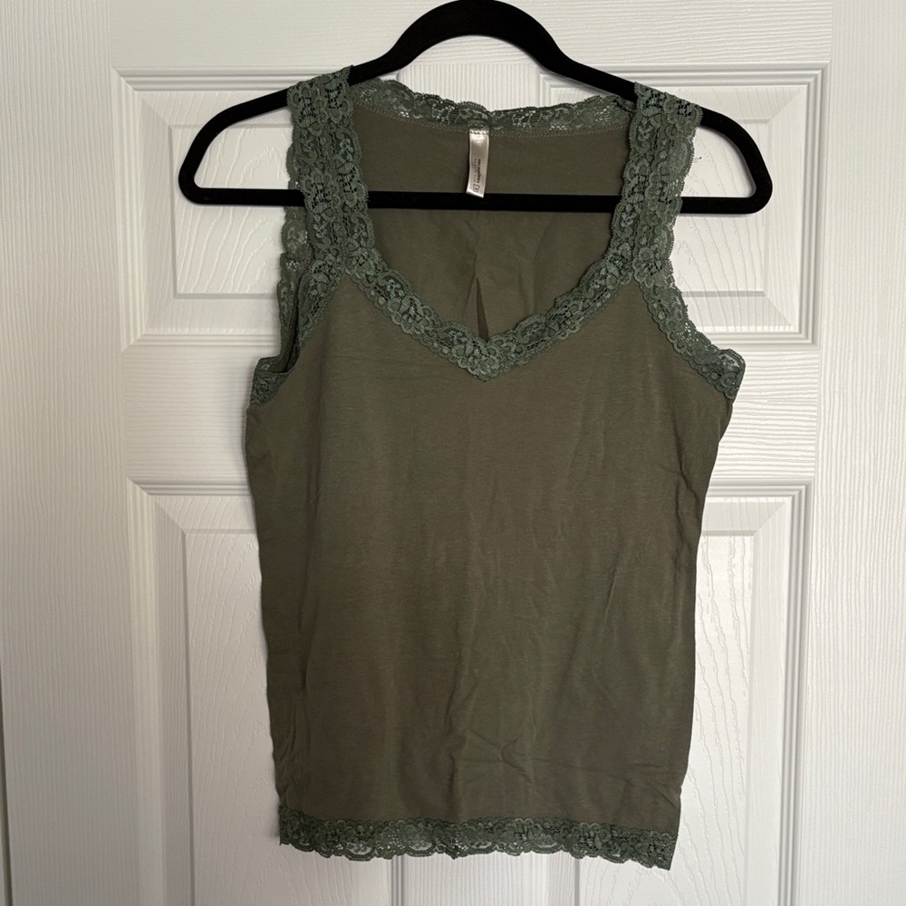 Lace Trim Olive Green Tank Top
